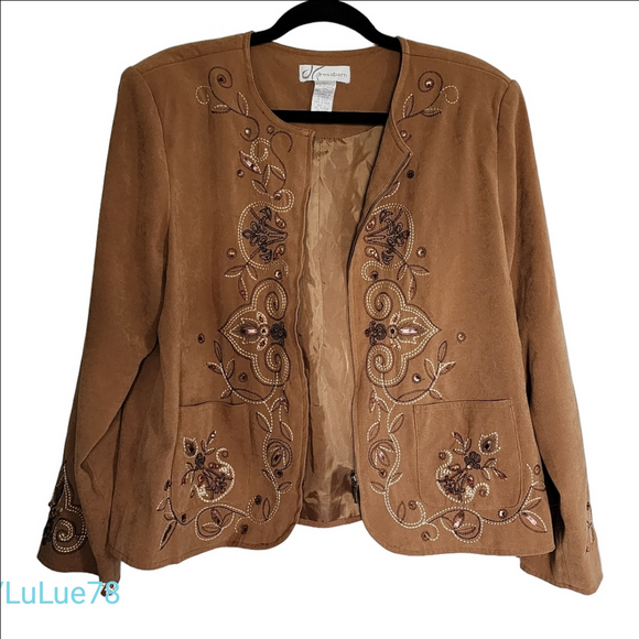 Dressbarn Women's Tan Embroidered Zip Jacket Size Large - Picture 1 of 14